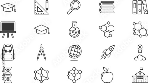 Education and science line icon set with graduation cap microscope books rocket DNA school vector illustration collection