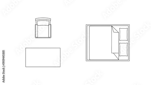 bedroom furniture layout, top view, design concept
