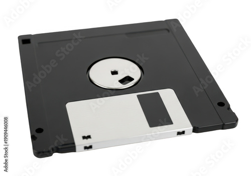 Plakat Old floppy disk with partially ejected metal shutter isolated on transparent background