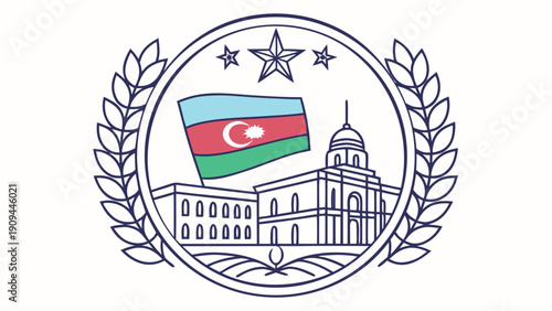 Azerbaijan government emblem with flag and building illustration.