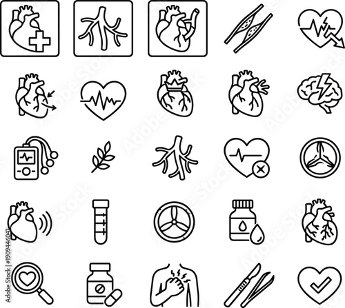 Medical cardiology line icons set featuring heart disease diagnosis treatment anatomy monitoring healthcare symbols minimal outline vector isolated