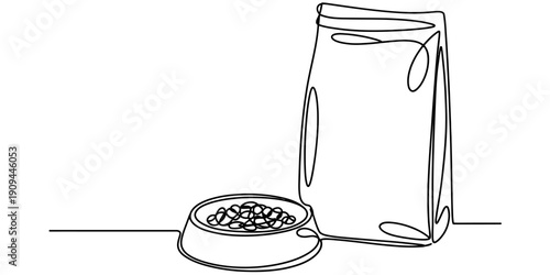 Continuous line drawing of a pet food bag and a full bowl of kibble for cats or dogs.
