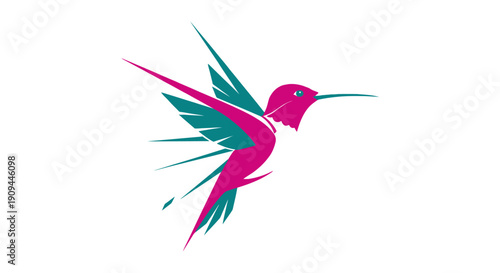 Vibrant Hummingbird in Flight, Illustration of Wildlife, Nature Scene, Isolated on Simple Background, Side View