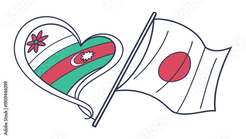 Azerbaijan and Japan flags waving together in heart shape symbolizing friendship.