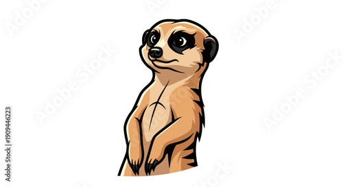 A cartoon meerkat stands upright with hands together in a friendly gesture