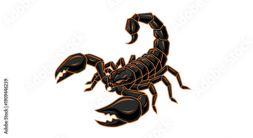 An illustration of a scorpion viewed from the side, showcasing its tail and claws in a detailed vector graphic on a clean background.