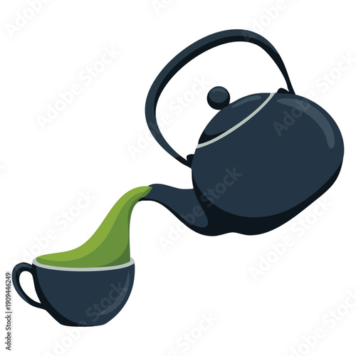 Tea pouring from a black teapot into a black cup matcha tea vector elements for cafe menu restaurant design traditional tea ceremony and beverage branding visuals