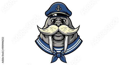 A cartoon walrus wearing a sailor hat and blue striped scarf is illustrated on a plain white background from a frontal viewpoint.