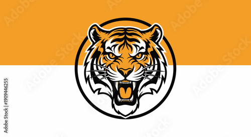 A fierce tiger's face is centered in a circular frame against a divided orange and white background viewed straight on