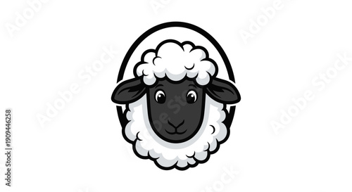 A cartoon sheep's face with a fluffy white wool surrounding its black face viewed directly