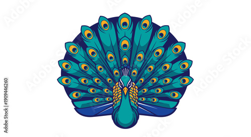 A vibrant peacock displays its stunning tail feathers in full plumage from a front viewpoint