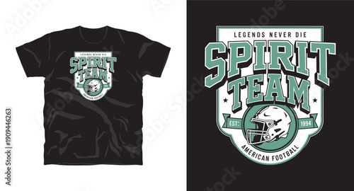 Spirit team legends never die american football t-shirt design est 1994 with helmet graphic, ideal for sports fans