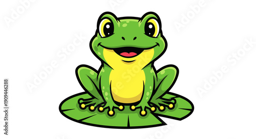 A cartoon frog sitting on a lily pad with a friendly smile, illustration, front view, in a serene environment