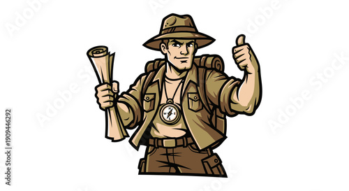 Cartoon explorer giving thumbs up while holding map, standing confidently with outdoor gear