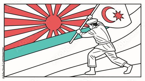 Man pushing against Japanese flag with crescent moon symbol.