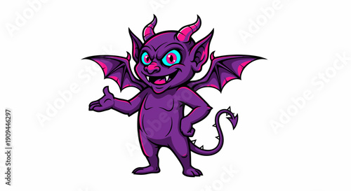 A cartoon devil with wings and a tail standing in a playful pose on a white background from a front viewpoint