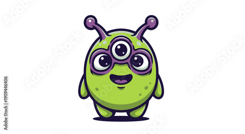 A cartoon alien character with glasses and antennae standing alone in a simple white environment from a front viewpoint as an illustration