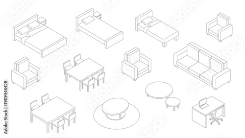 isometric furniture set, line art, home interior design
