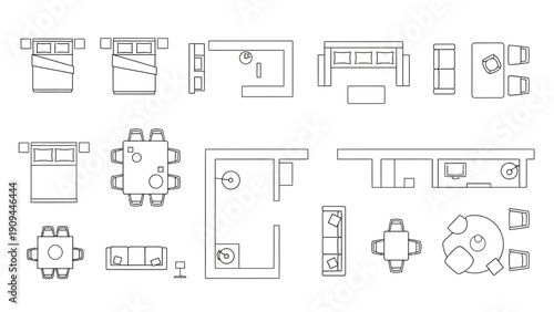 furniture plan view, top view, interior design, blueprint, layout