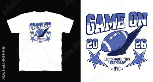 Game on NYC legendary football t-shirt design with blue ball and star graphic elements