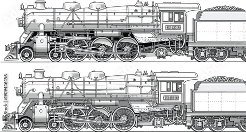 Detailed black and white of a vintage steam locomotive with tender filled with coal steam engine train