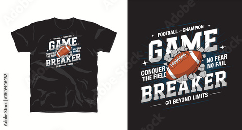 Football champion game breaker typography design with sports ball crashing through stone wall t-shirt design print
