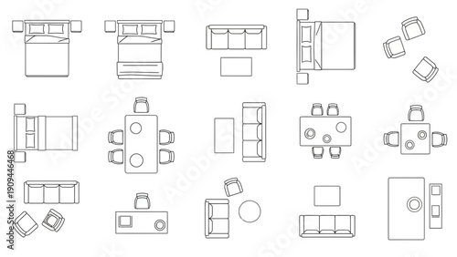 furniture floor plan, top view, interior design elements, layout