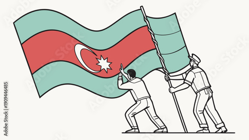Two men raising the flag of Azerbaijan together in unity and cooperation.