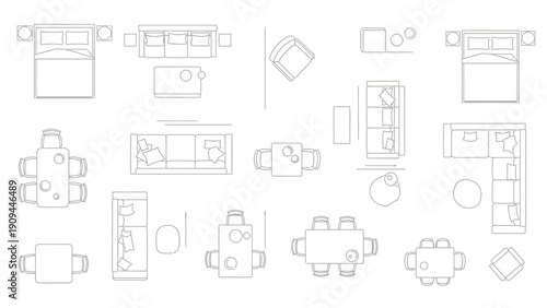 furniture layout top view, interior design elements, floor plan
