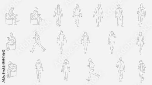 line art people collection, diverse figures walking, sitting, running