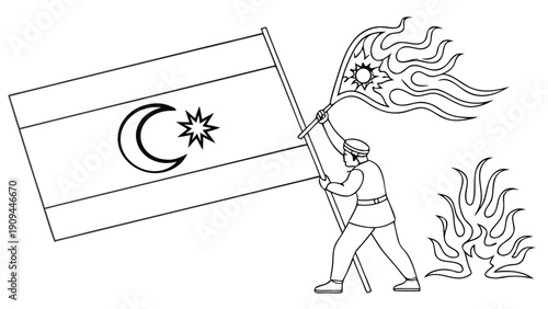 Person holding a flag with crescent moon and star symbol, surrounded by flames.