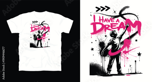 Boy reaching for dream with graffiti paint splash and text t-shirt design print