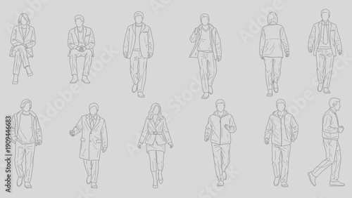 people silhouettes, line art, walking, standing, casual wear, figures