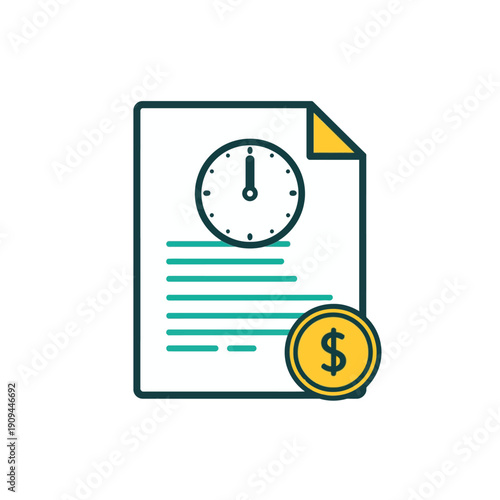 Flat vector illustration of a financial document with a clock and dollar coins, representing time management, billing, and money planning on white background.