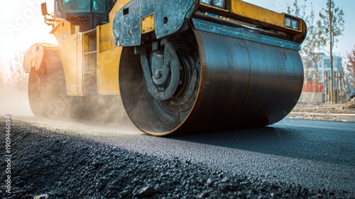 Heavy road roller machine compacting fresh asphalt on a construction site during road paving works
