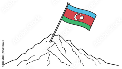 Azerbaijan flag waving on a mountain peak illustration.