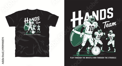 American football players with ball and clock moving through struggle play through whistle vintage style t-shirt design print