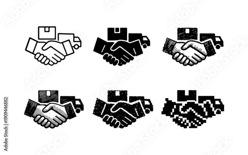 Handshake with delivery truck and boxes icon set representing logistics and shipping agreements