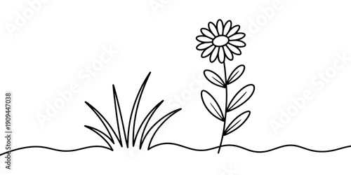 Simple line drawing of a single flower and a patch of grass on a wavy ground line.