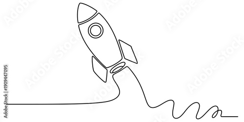 Continuous line drawing of a space rocket ship launching upwards with a wavy smoke trail