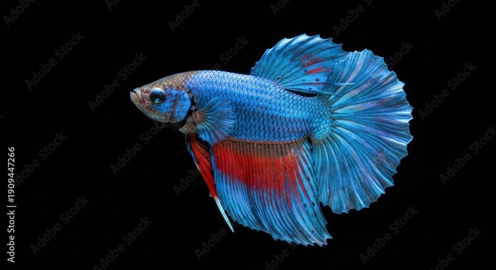 Fototapeta premium Close-up of a vibrant Siamese fighting fish with flowing fins, blue body, red and black details, isolated