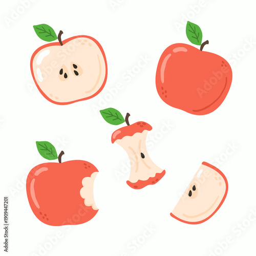 Set of red apples. Ripe, bitten, slice of apple on white background