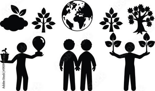 People planting trees and holding globe isolated on transparent background, Vector, illustration