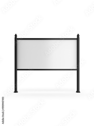 Blank horizontal outdoor signboard mounted between two classic posts with decorative finials. The clean white panel provides ample copy space for real estate listings, property signs, business adverti