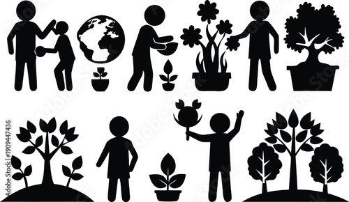 Silhouette people planting and caring for trees isolated on transparent background, Vector, illustration