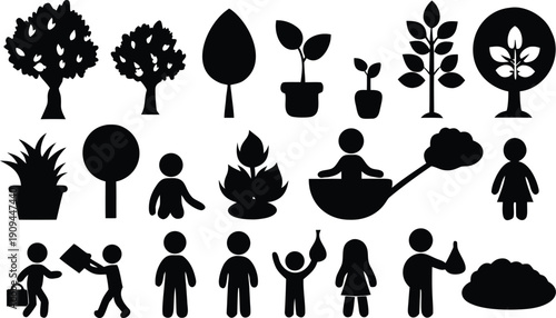 Black silhouettes of people and plants isolated on transparent background, Vector, illustration