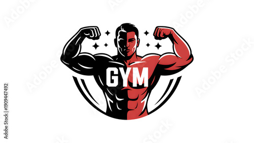Muscular bodybuilder logo in black and red showing a man flexing his biceps for a gym brand