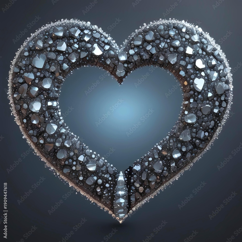 Obraz premium Heart shape made of sparkling diamonds on dark gradient background, luxury romantic theme, glitter particles