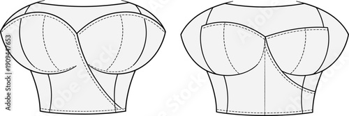 Structured bustier CAD sketch, fashion flat vector drawing for garment design, seam and panel detailing illustration for sewing pattern use