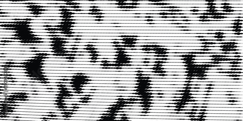 Abstract scanline texture with black dotted waves on white background, retro TV glitch style, vector illustration